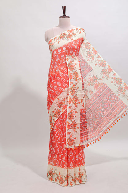 Orange leaf design linen cotton saree with contrast floral design border and matching blouse