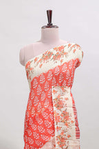 Orange leaf design linen cotton saree with contrast floral design border and matching blouse