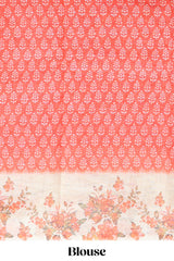 Orange leaf design linen cotton saree with contrast floral design border and matching blouse