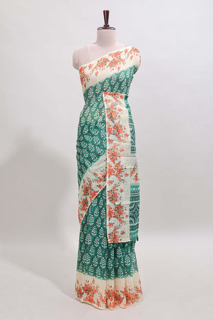 Green leaf design linen cotton saree with contrast floral design border and matching blouse