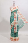 Green leaf design linen cotton saree with contrast floral design border and matching blouse