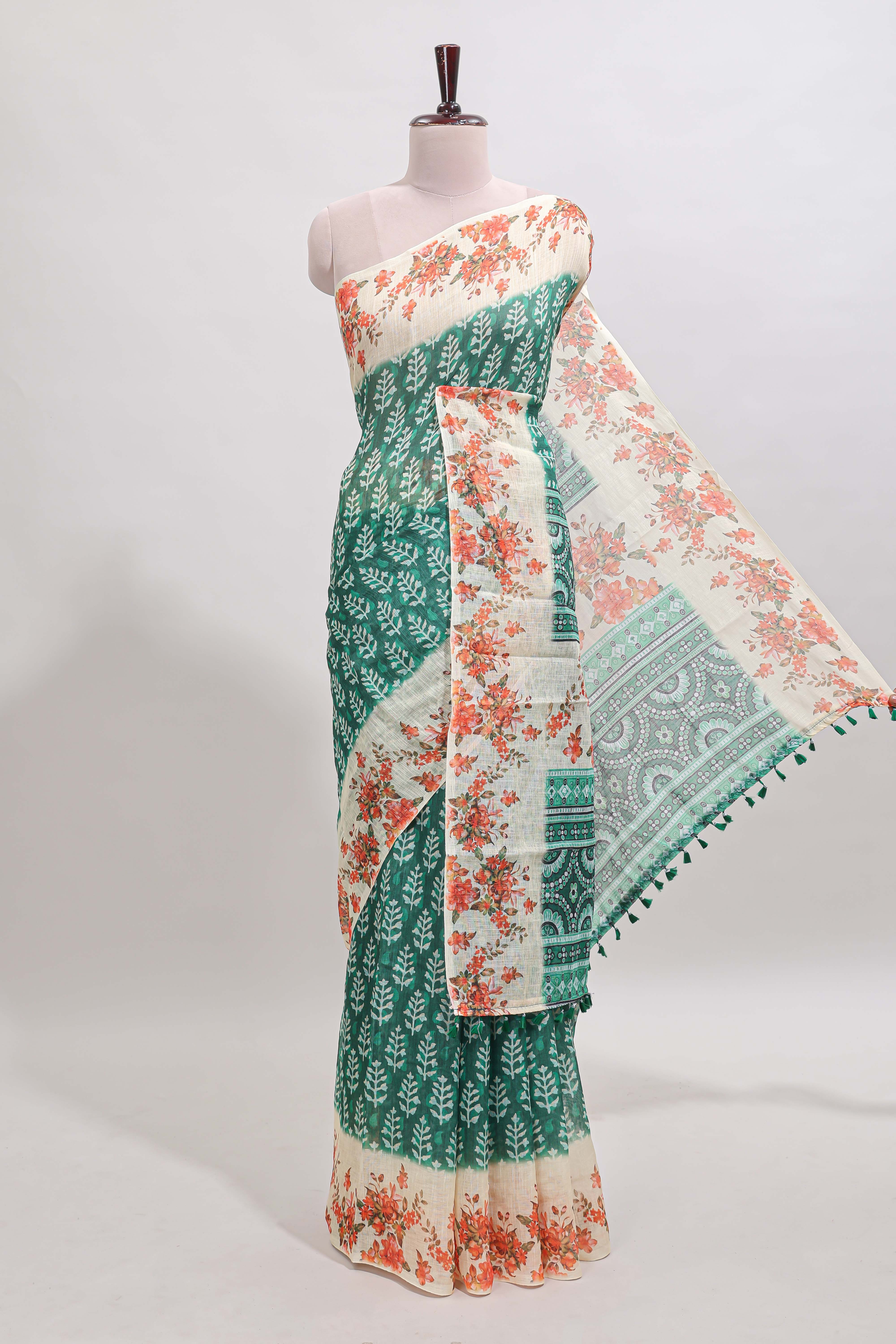 Green leaf design linen cotton saree with contrast floral design border and matching blouse