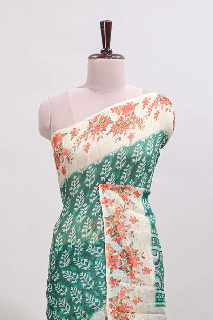 Green leaf design linen cotton saree with contrast floral design border and matching blouse