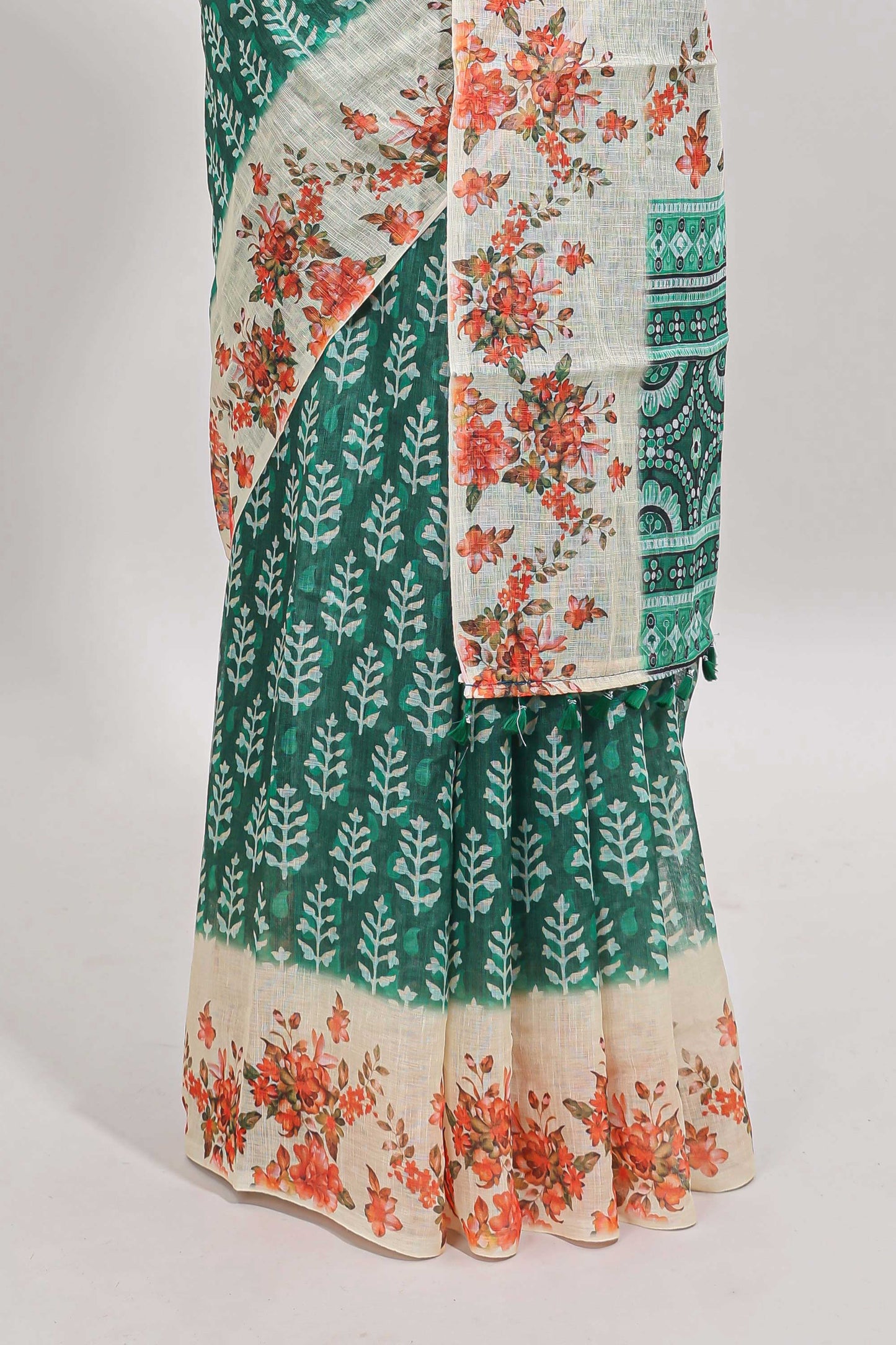 Green leaf design linen cotton saree with contrast floral design border and matching blouse