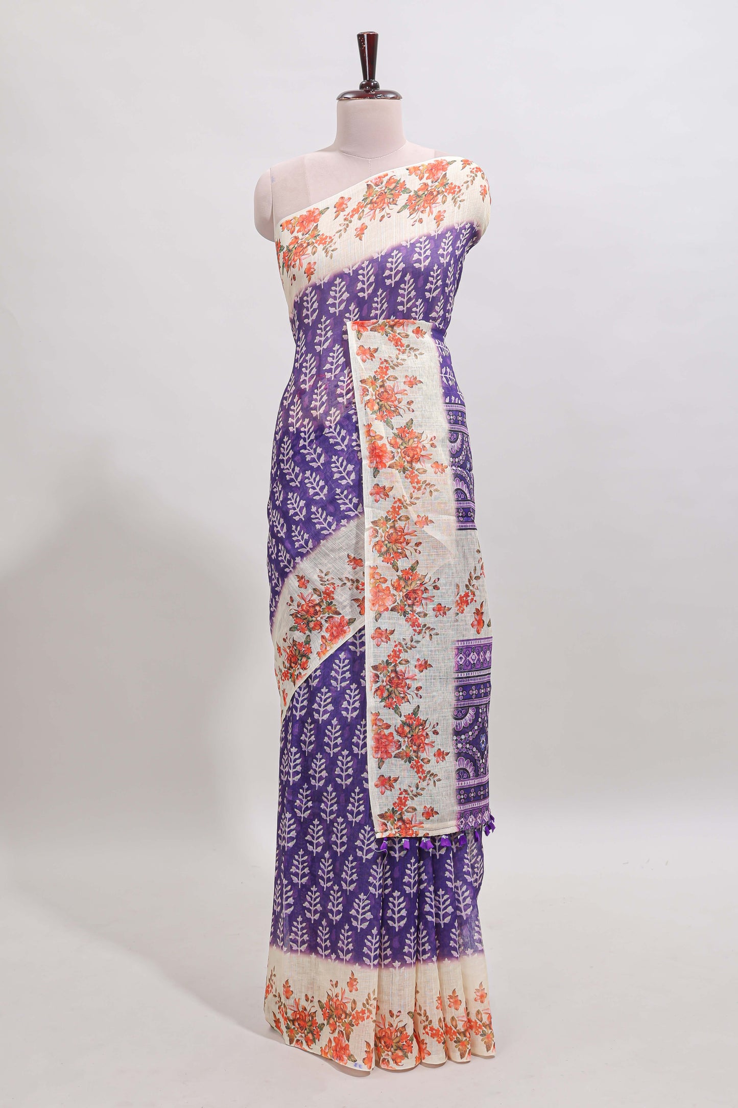 Violet leaf design linen cotton saree with contrast floral design border and matching blouse