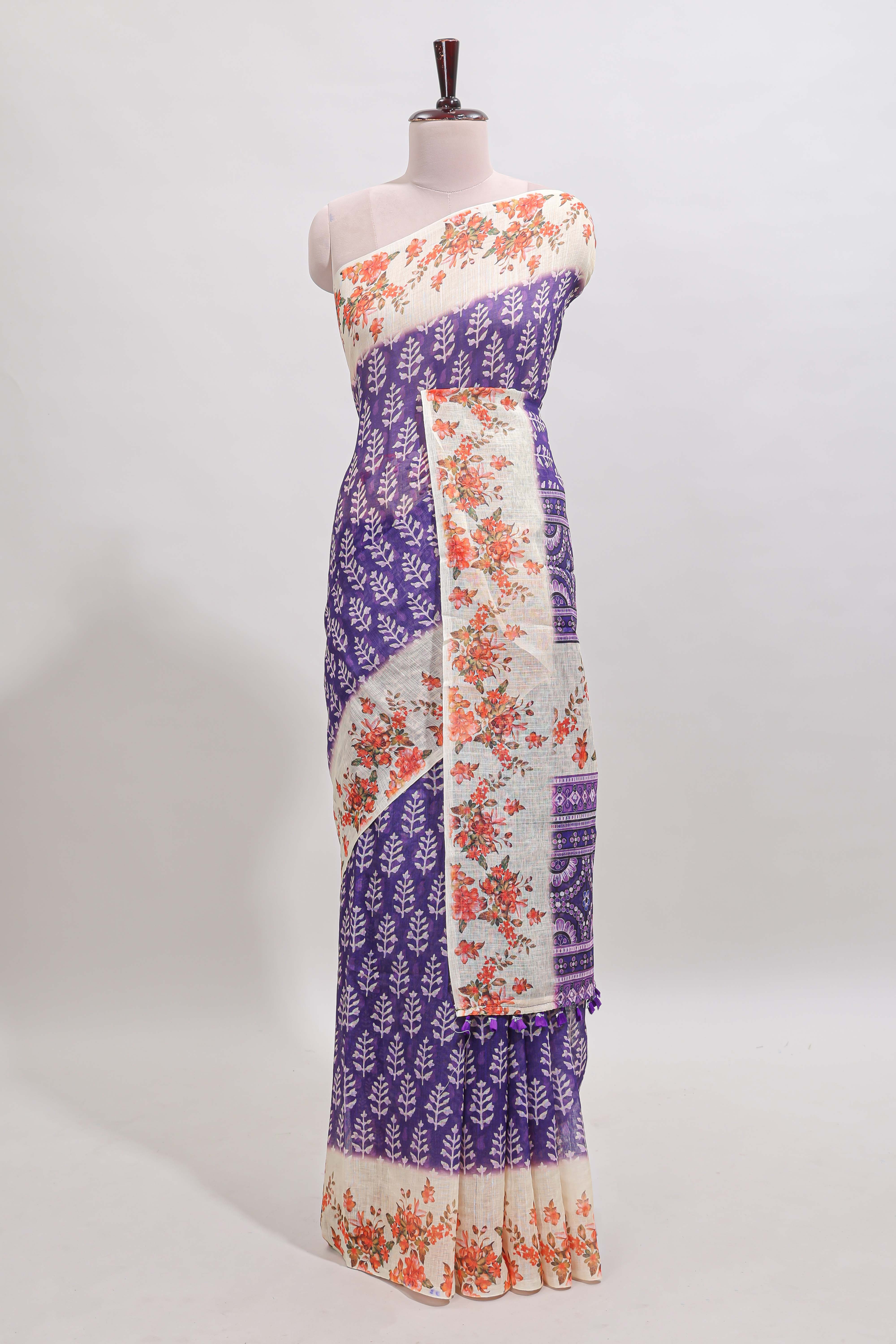 Violet leaf design linen cotton saree with contrast floral design border and matching blouse