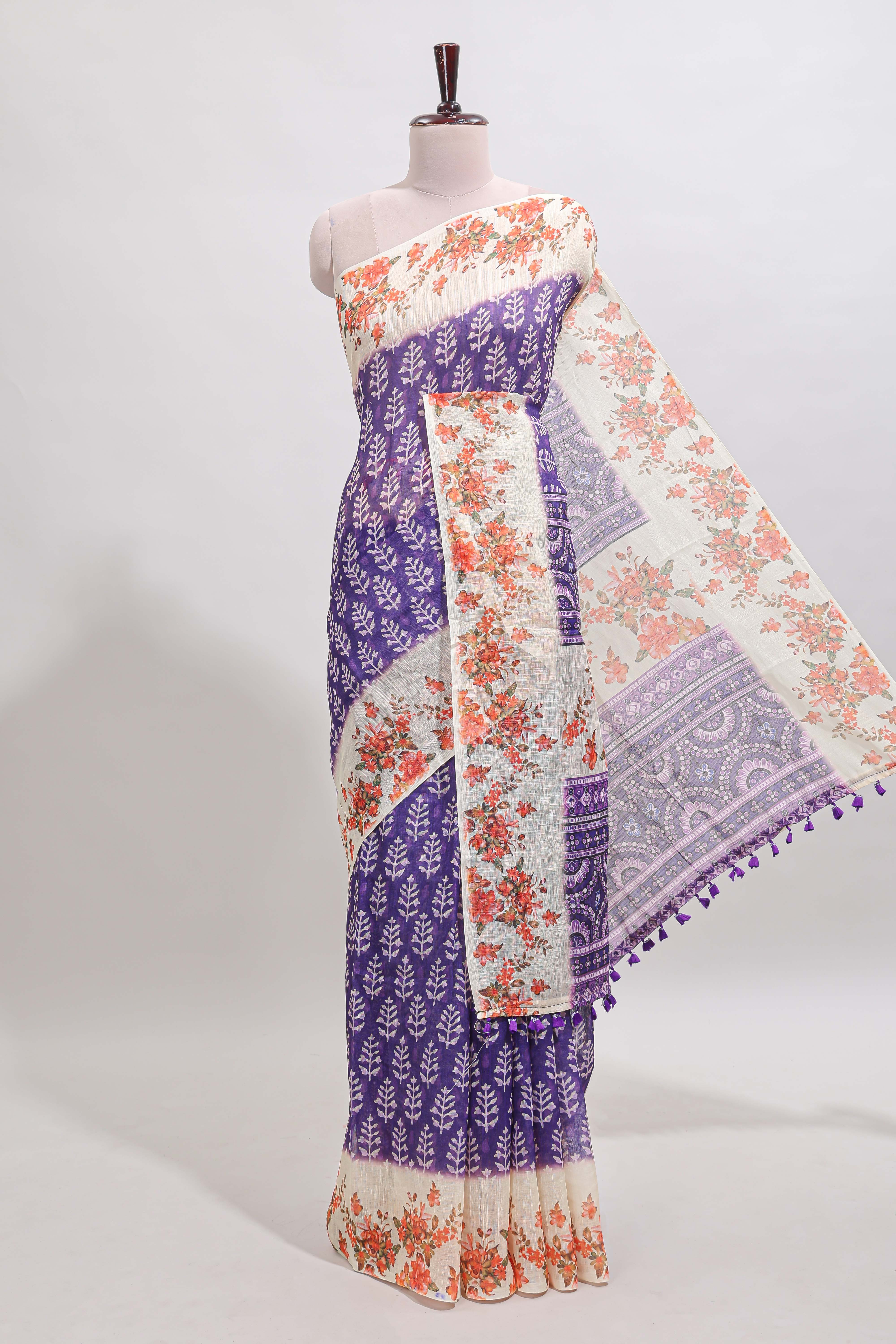 Violet leaf design linen cotton saree with contrast floral design border and matching blouse