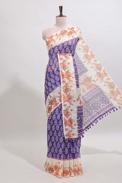 Violet leaf design linen cotton saree with contrast floral design border and matching blouse