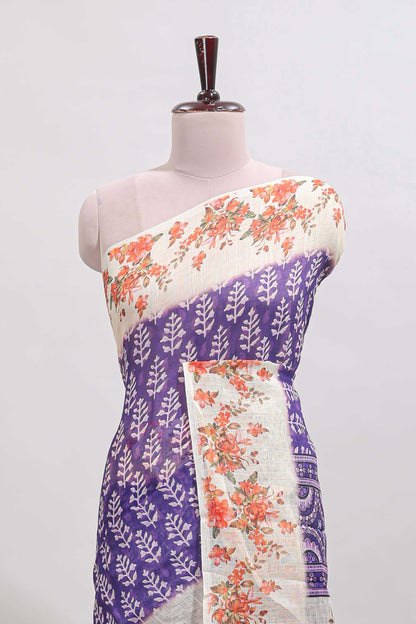 Violet leaf design linen cotton saree with contrast floral design border and matching blouse