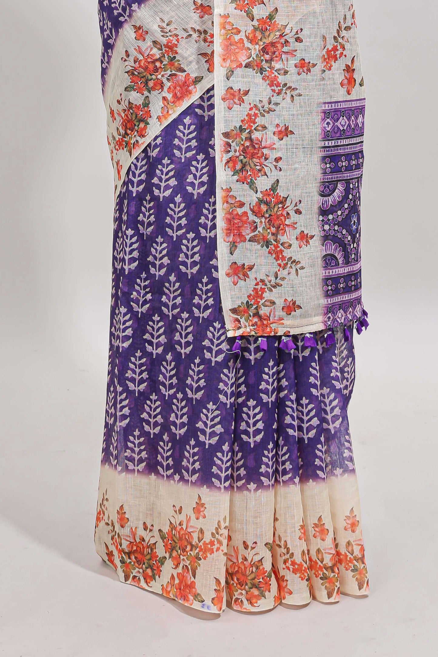 Violet leaf design linen cotton saree with contrast floral design border and matching blouse