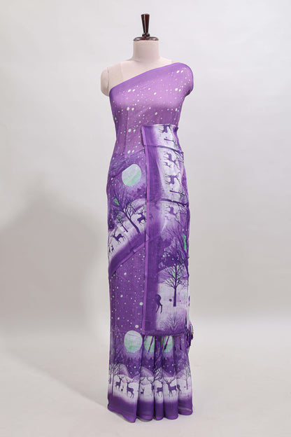 Lavender winter themed linen cotton saree with self border and matching blouse
