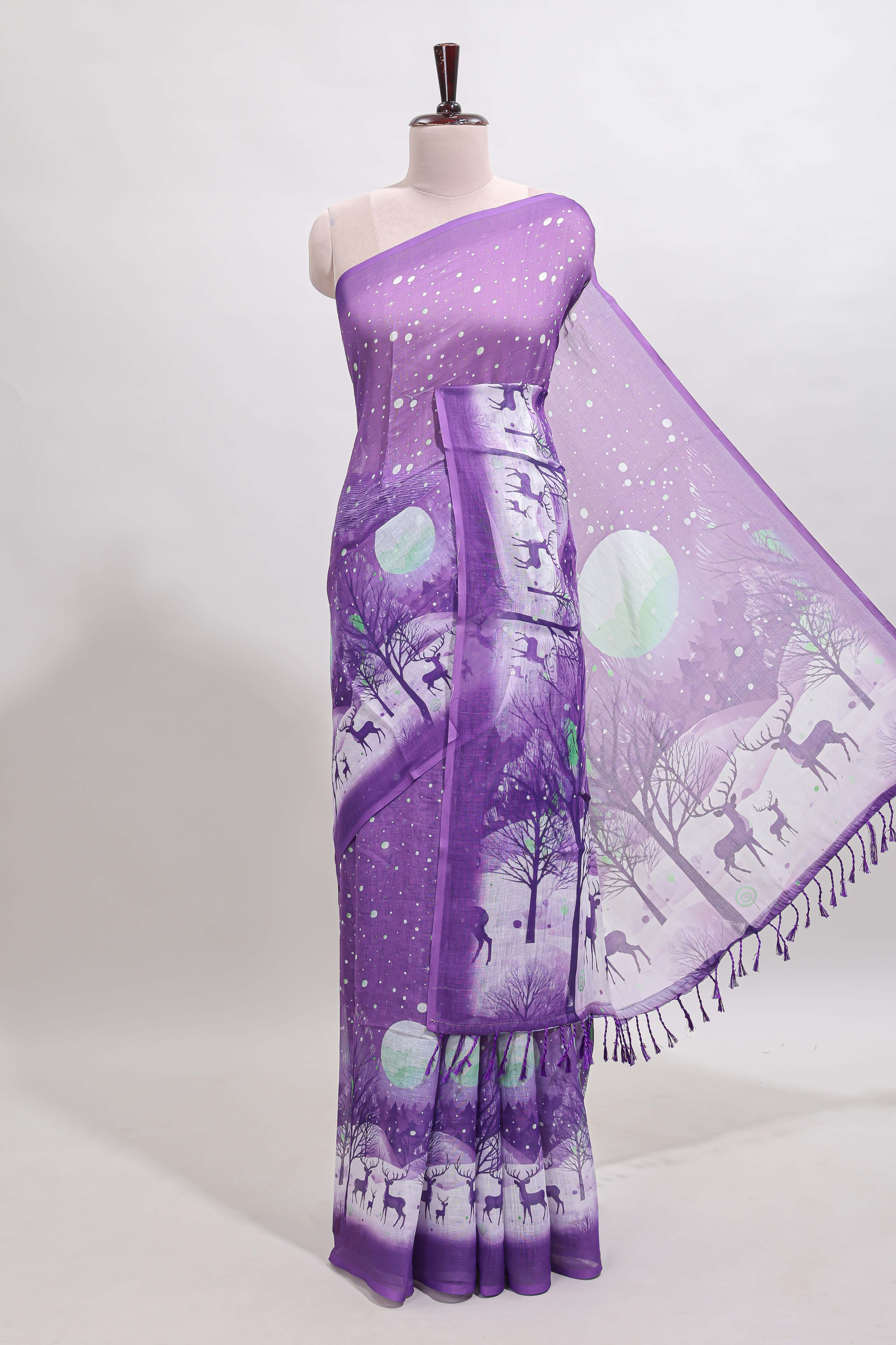 Lavender winter themed linen cotton saree with self border and matching blouse
