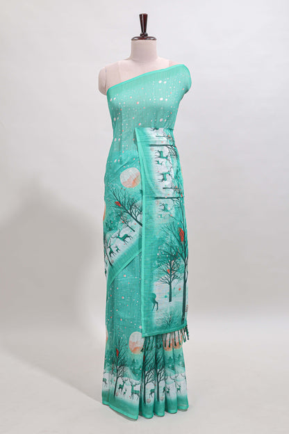 Turquoise green winter themed linen cotton saree with self border and matching blouse
