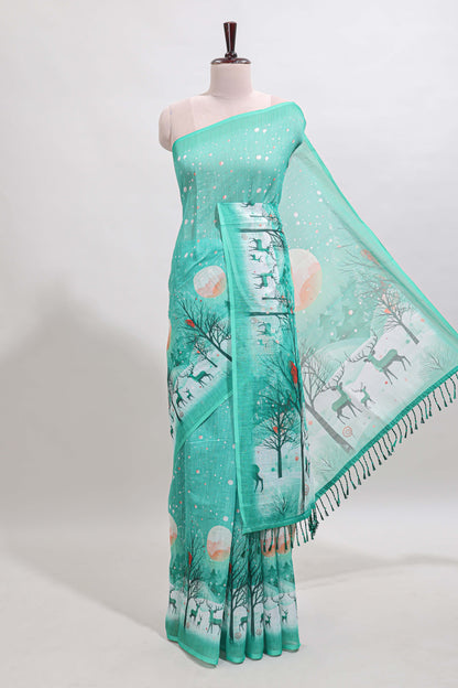 Turquoise green winter themed linen cotton saree with self border and matching blouse