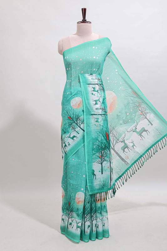 Turquoise green winter themed linen cotton saree with self border and matching blouse
