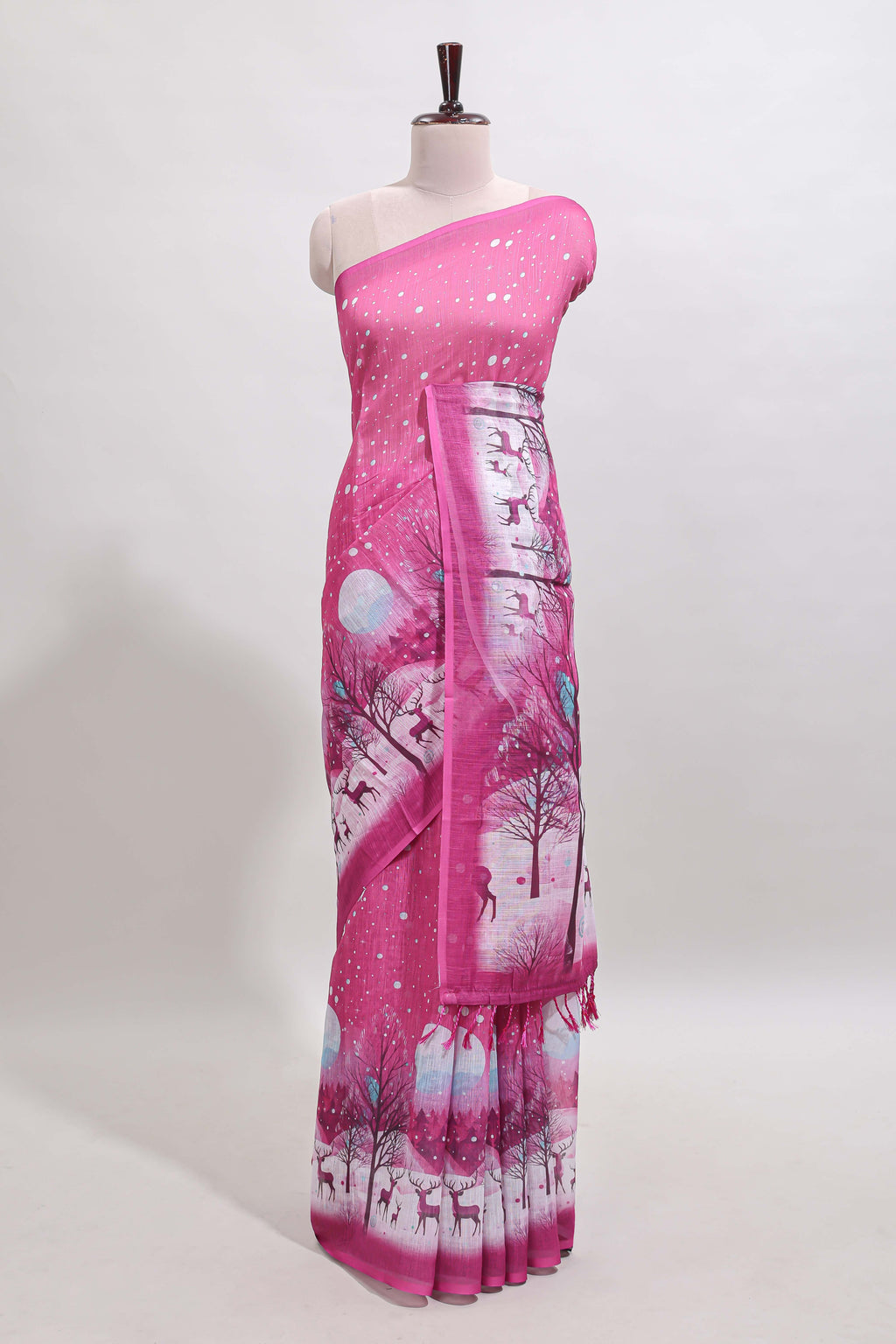 Pink winter themed linen cotton saree with self border and matching blouse