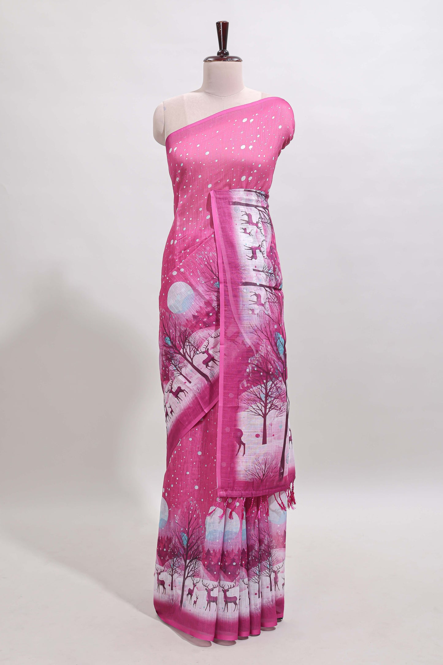 Pink winter themed linen cotton saree with self border and matching blouse