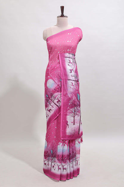 Pink winter themed linen cotton saree with self border and matching blouse