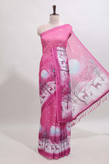 Pink winter themed linen cotton saree with self border and matching blouse