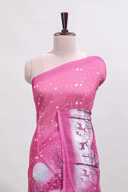 Pink winter themed linen cotton saree with self border and matching blouse
