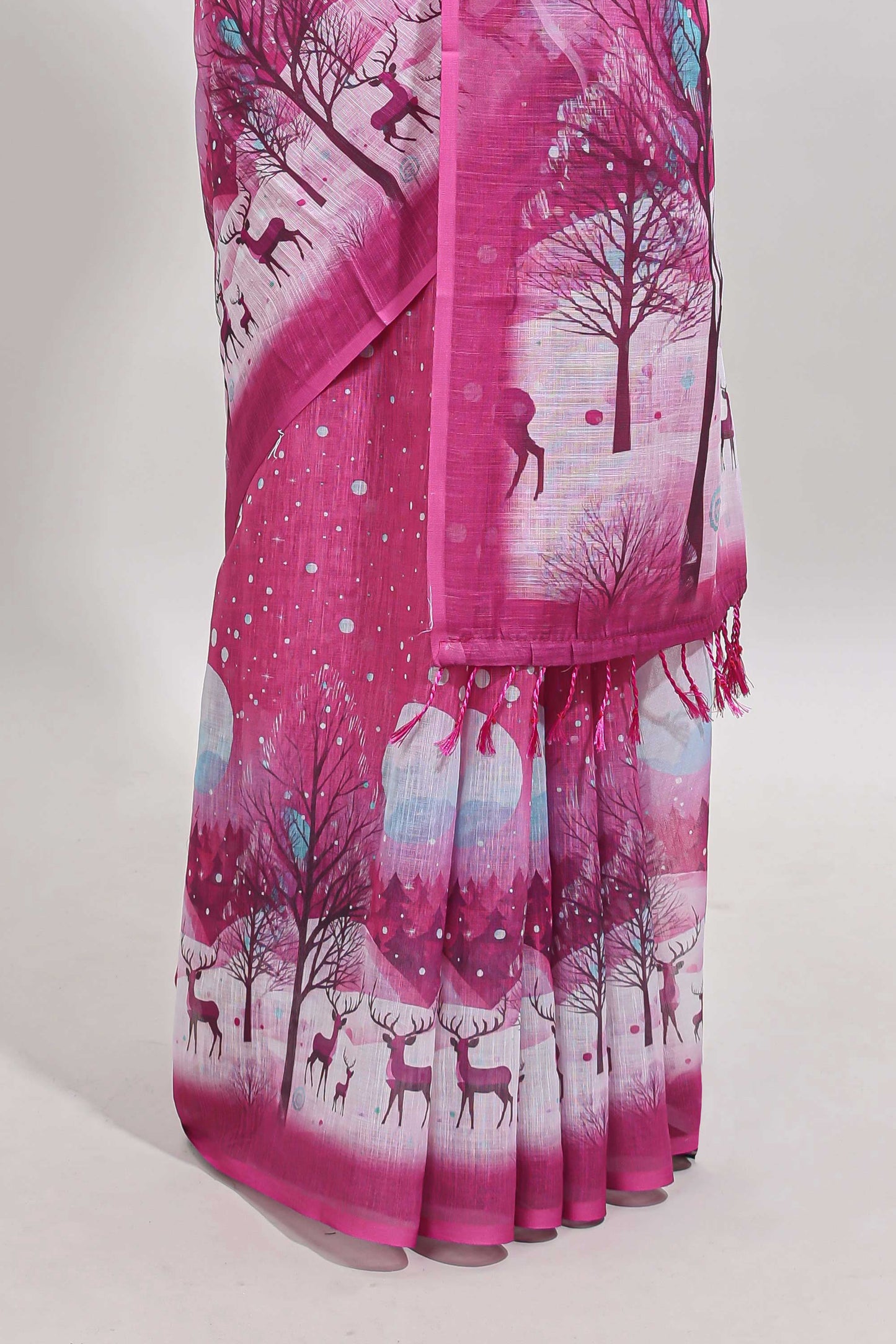 Pink winter themed linen cotton saree with self border and matching blouse
