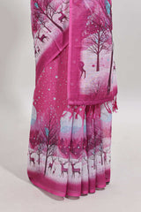 Pink winter themed linen cotton saree with self border and matching blouse