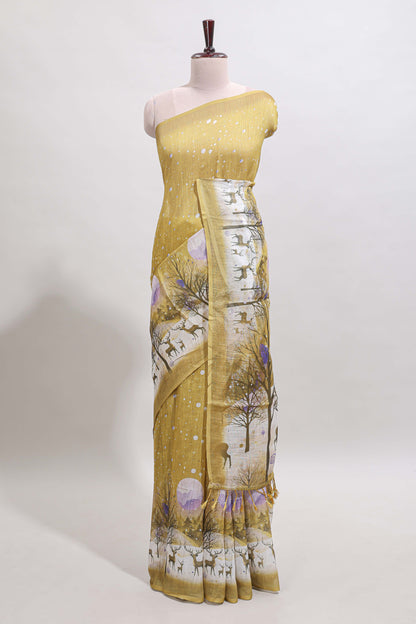 Mustard winter themed linen cotton saree with self border and matching blouse