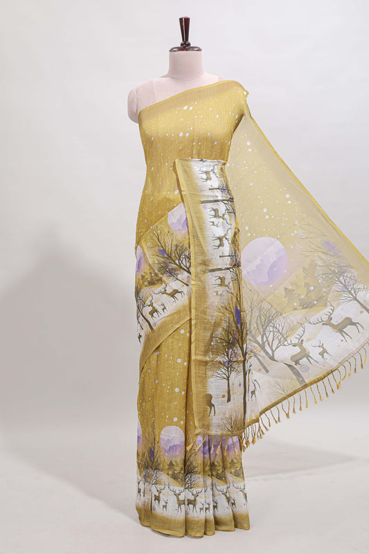 Mustard winter themed linen cotton saree with self border and matching blouse