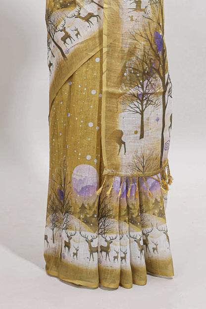 Mustard winter themed linen cotton saree with self border and matching blouse