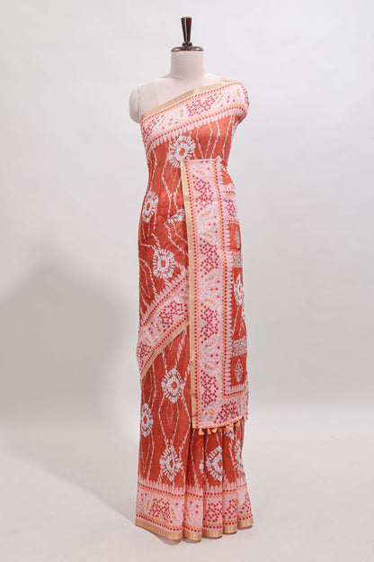 Orange shibori print motifs linen cotton saree with contrast border and matching blouse
