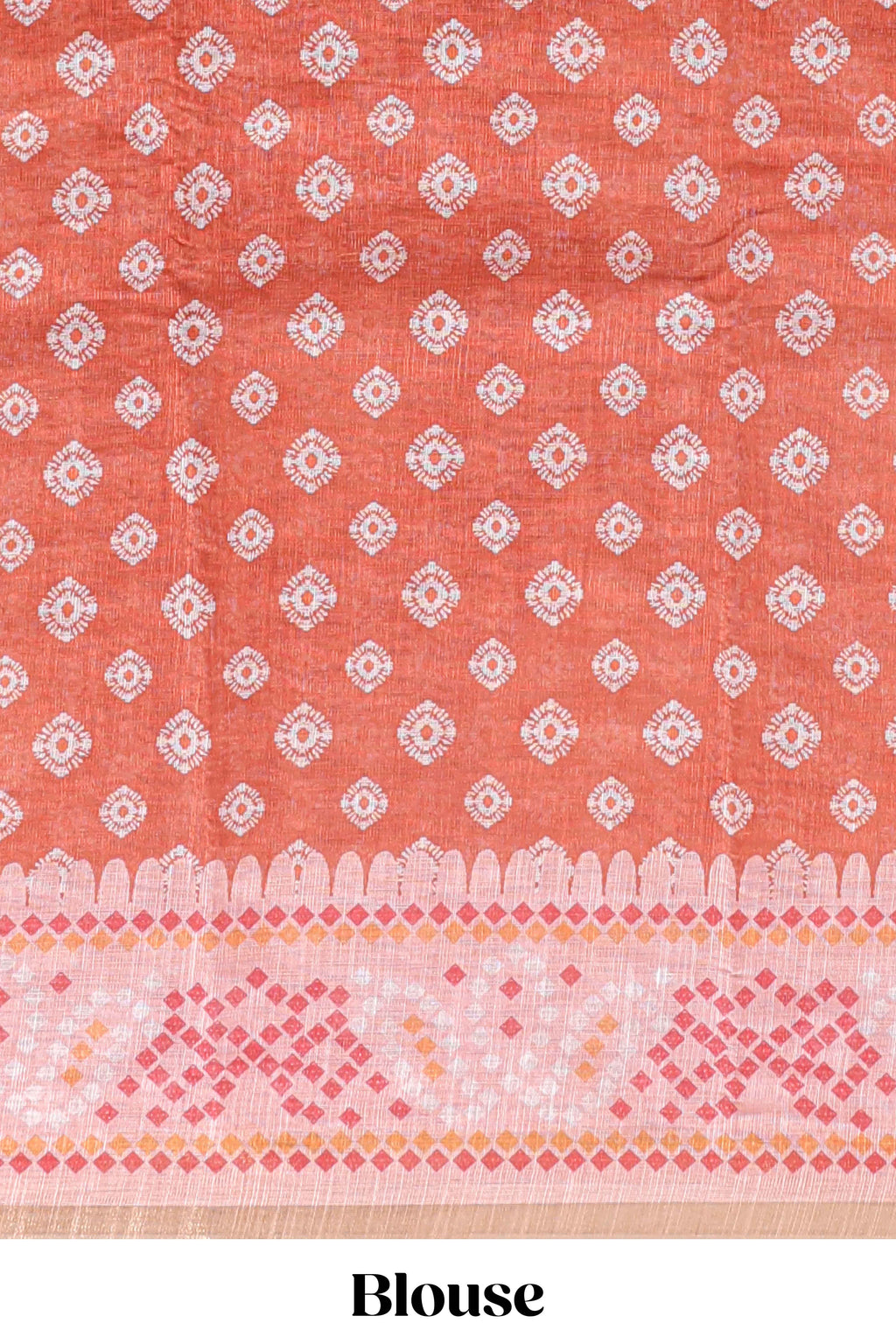 Orange shibori print motifs linen cotton saree with contrast border and matching blouse