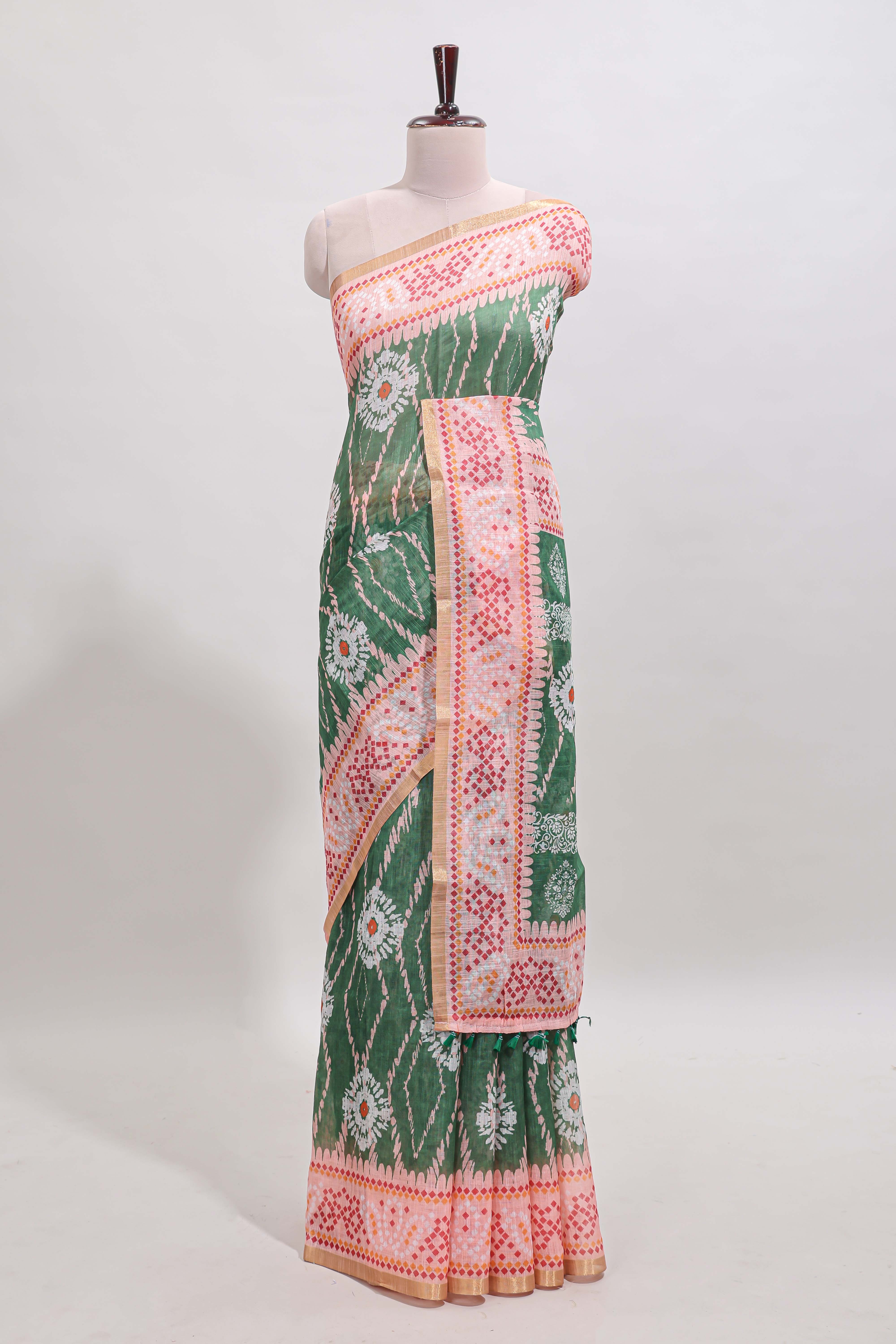 Green shibori print motifs linen cotton saree with contrast border and matching blouse