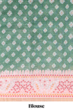 Green shibori print motifs linen cotton saree with contrast border and matching blouse