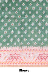 Green shibori print motifs linen cotton saree with contrast border and matching blouse