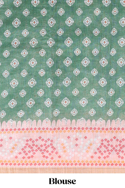 Green shibori print motifs linen cotton saree with contrast border and matching blouse