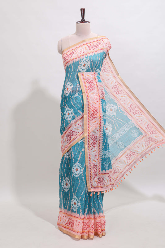 Blue shibori print motifs linen cotton saree with contrast border and matching blouse