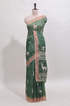 Green floral & deer design motifs linen cotton saree with contrast border and matching printed blouse