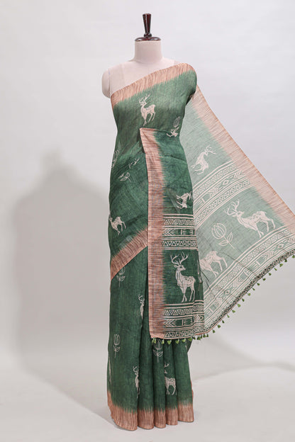 Green floral & deer design motifs linen cotton saree with contrast border and matching printed blouse