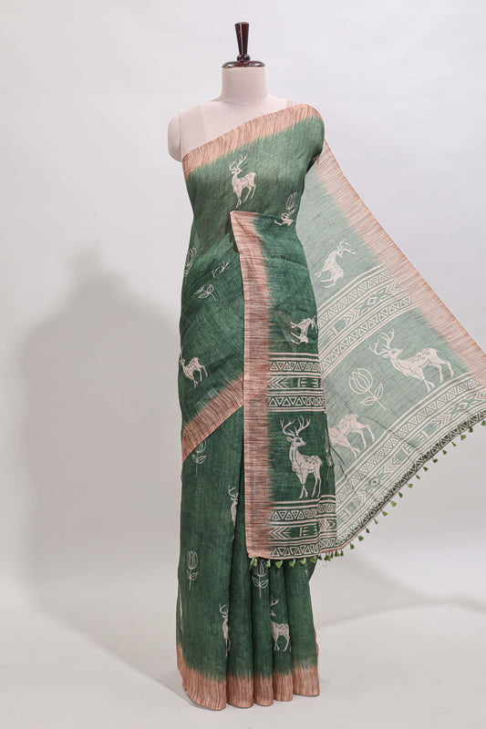 Green floral & deer design motifs linen cotton saree with contrast border and matching printed blouse