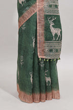 Green floral & deer design motifs linen cotton saree with contrast border and matching printed blouse