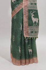Green floral & deer design motifs linen cotton saree with contrast border and matching printed blouse