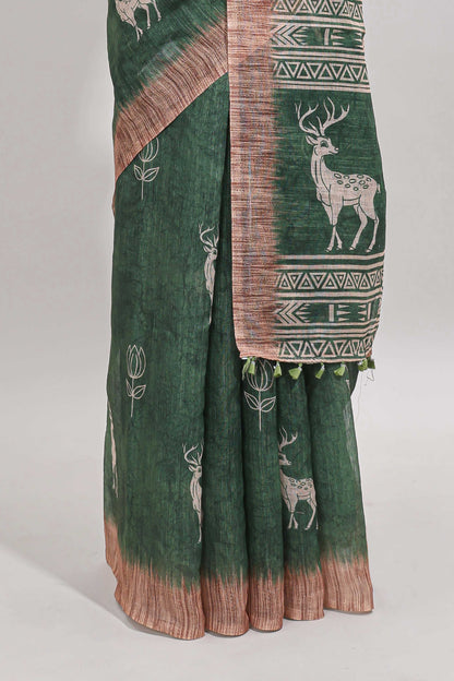 Green floral & deer design motifs linen cotton saree with contrast border and matching printed blouse