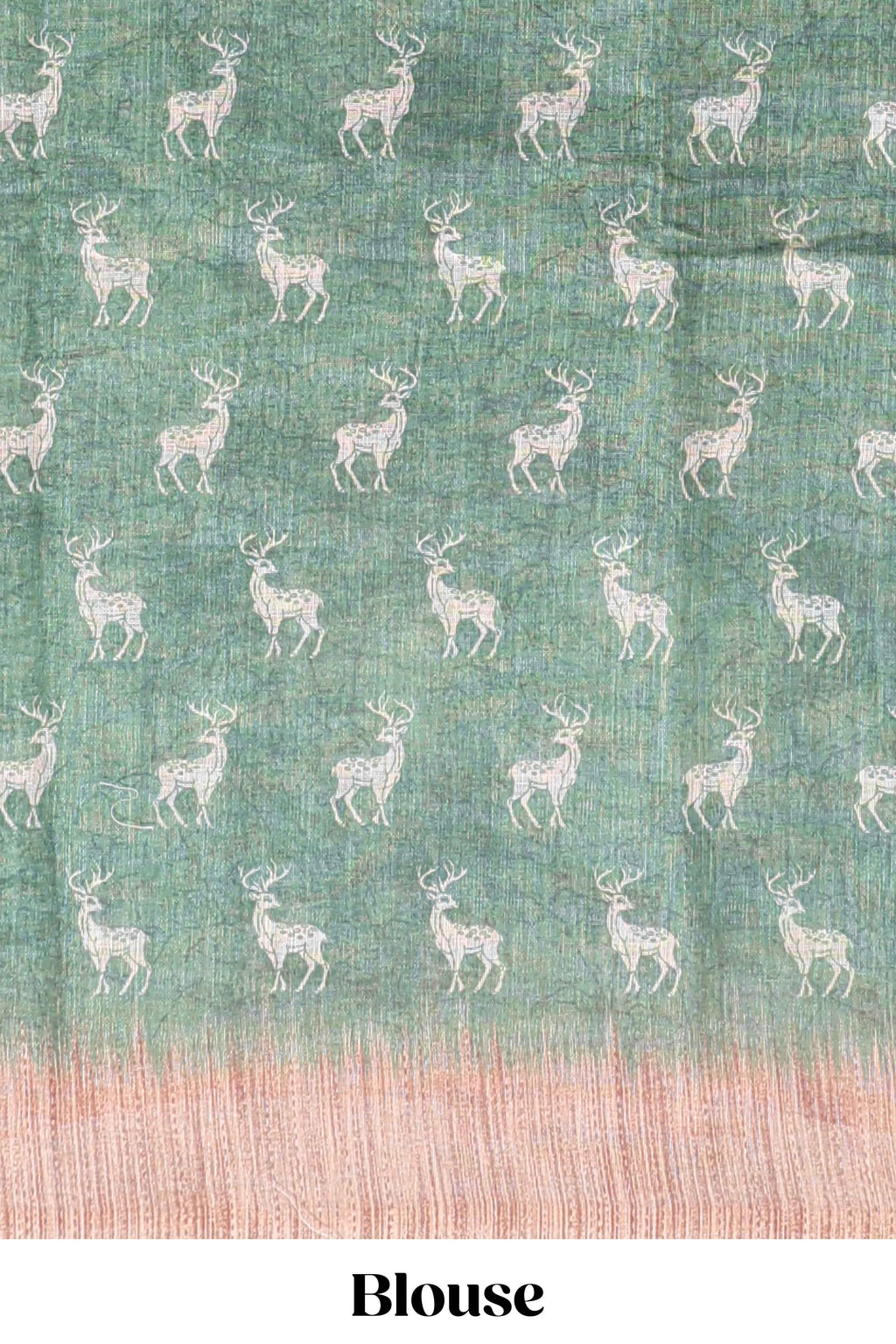 Green floral & deer design motifs linen cotton saree with contrast border and matching printed blouse