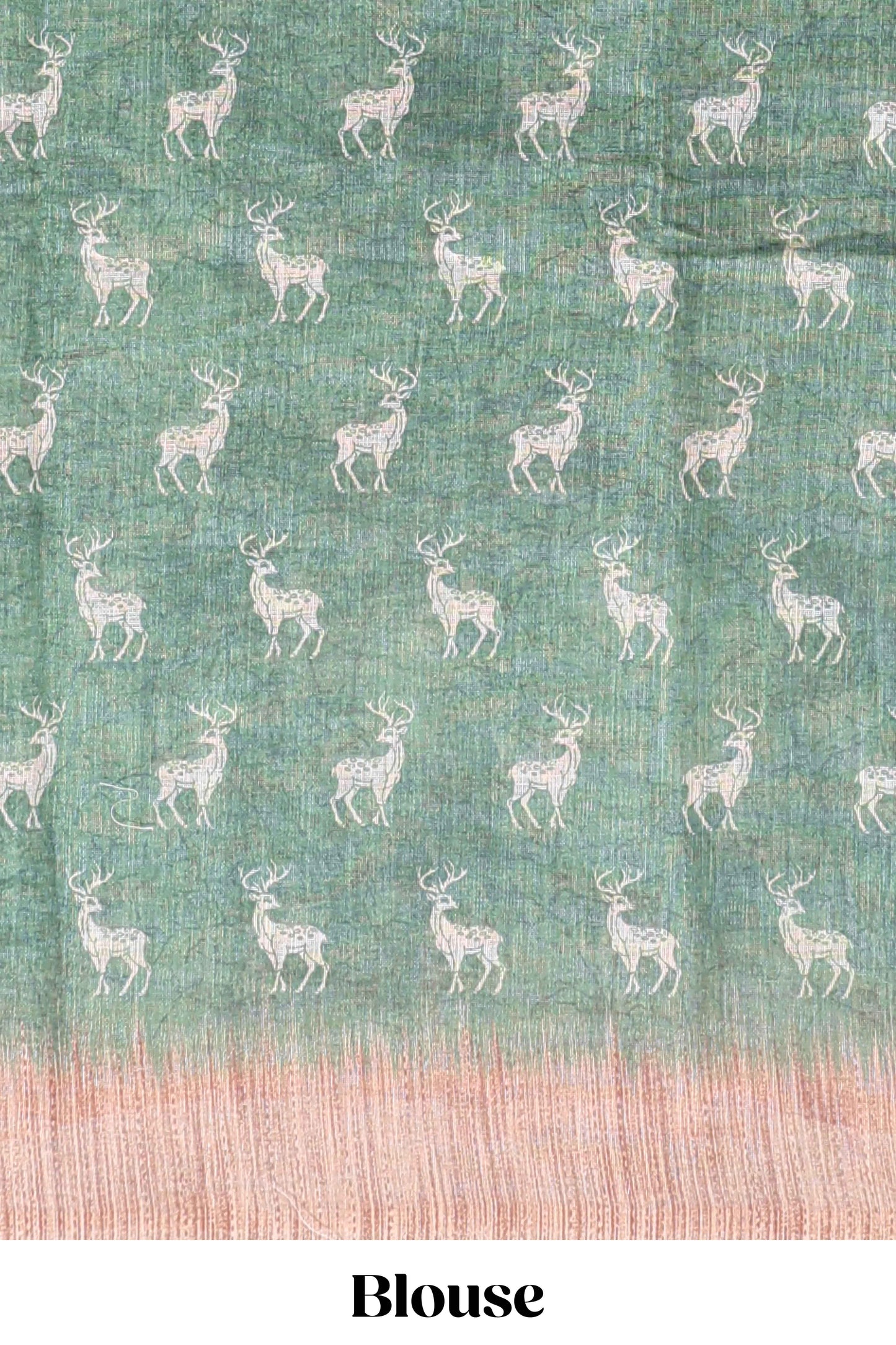 Green floral & deer design motifs linen cotton saree with contrast border and matching printed blouse