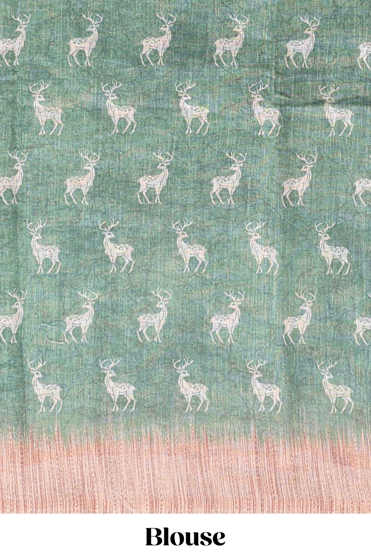 Green floral & deer design motifs linen cotton saree with contrast border and matching printed blouse