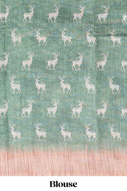Green floral & deer design motifs linen cotton saree with contrast border and matching printed blouse