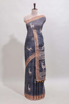 Grey floral & deer design motifs linen cotton saree with contrast border and matching printed blouse