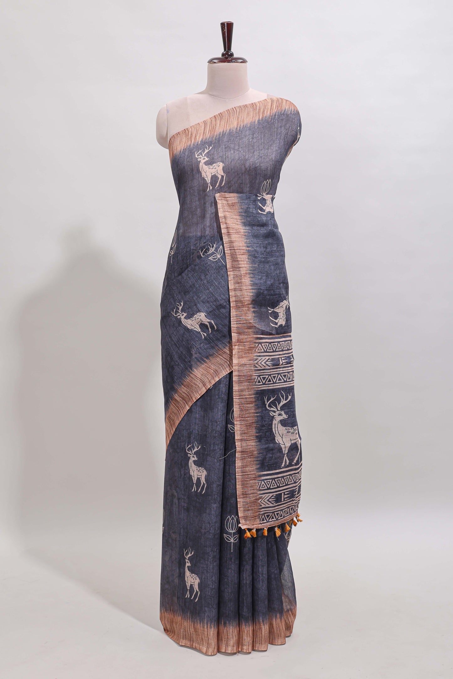 Grey floral & deer design motifs linen cotton saree with contrast border and matching printed blouse