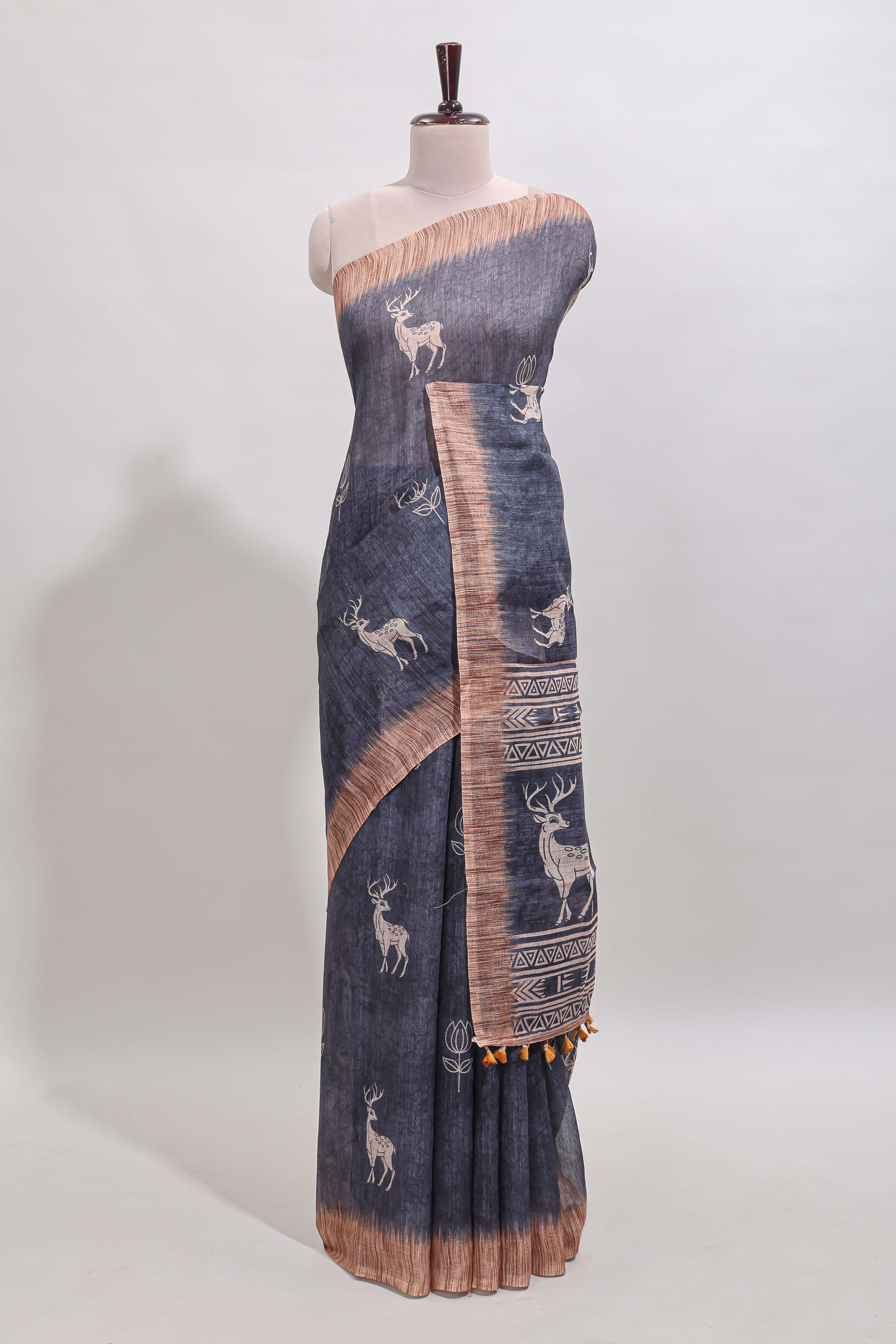 Grey floral & deer design motifs linen cotton saree with contrast border and matching printed blouse