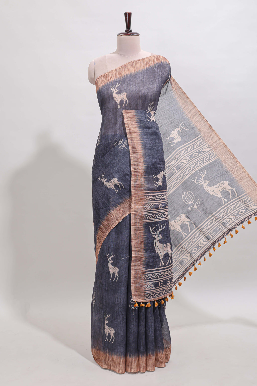 Grey floral & deer design motifs linen cotton saree with contrast border and matching printed blouse